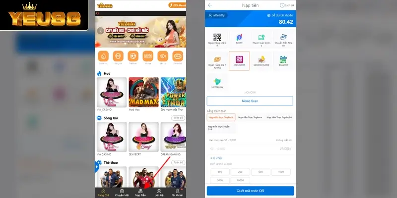 Nạp tiền thông qua ví momo